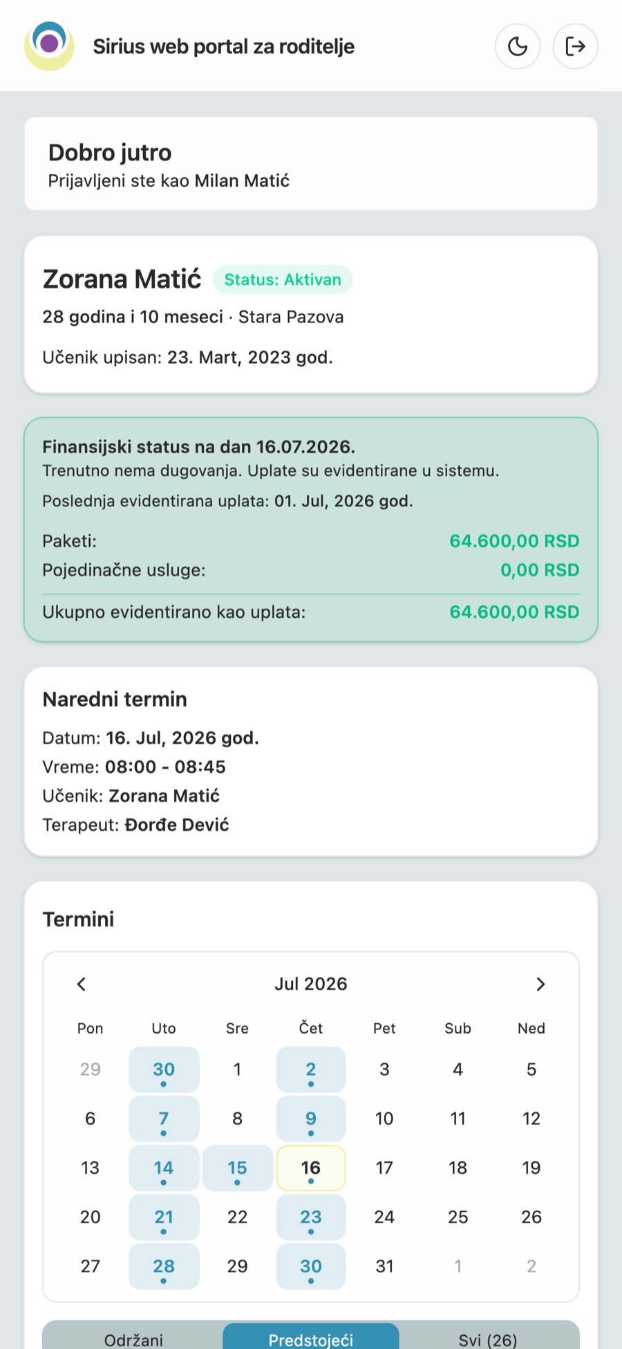 Roditeljski portal - početni ekran