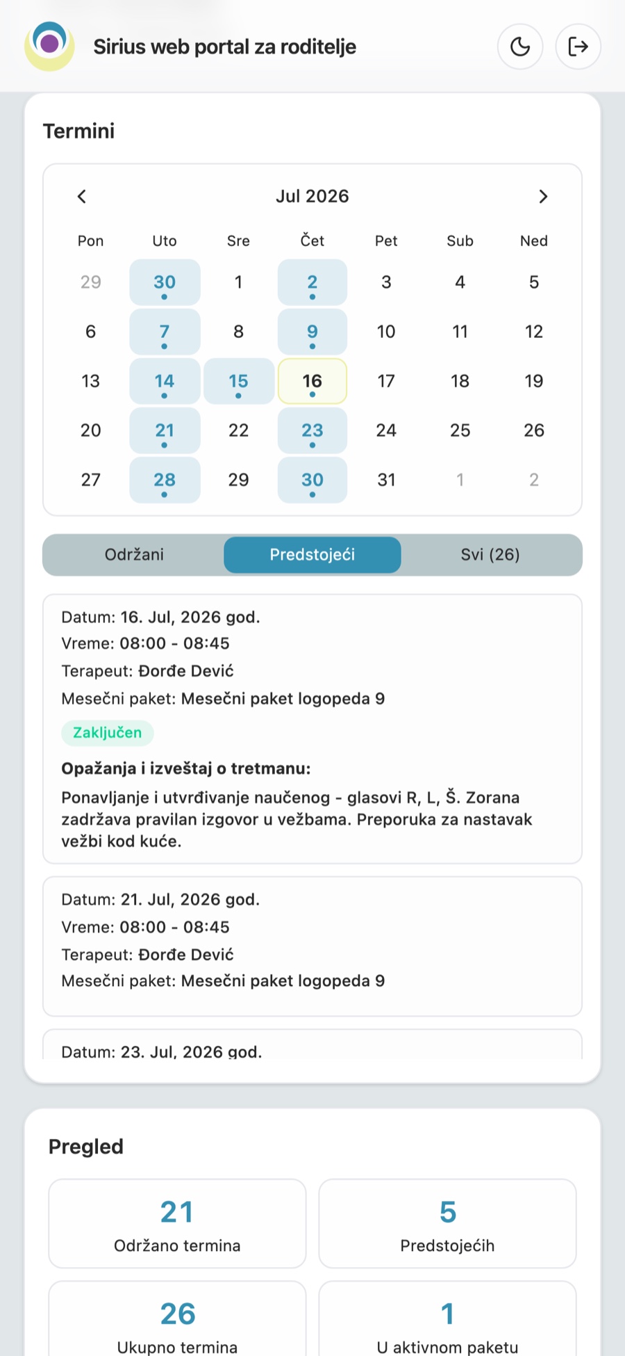Roditeljski portal - kalendar termina